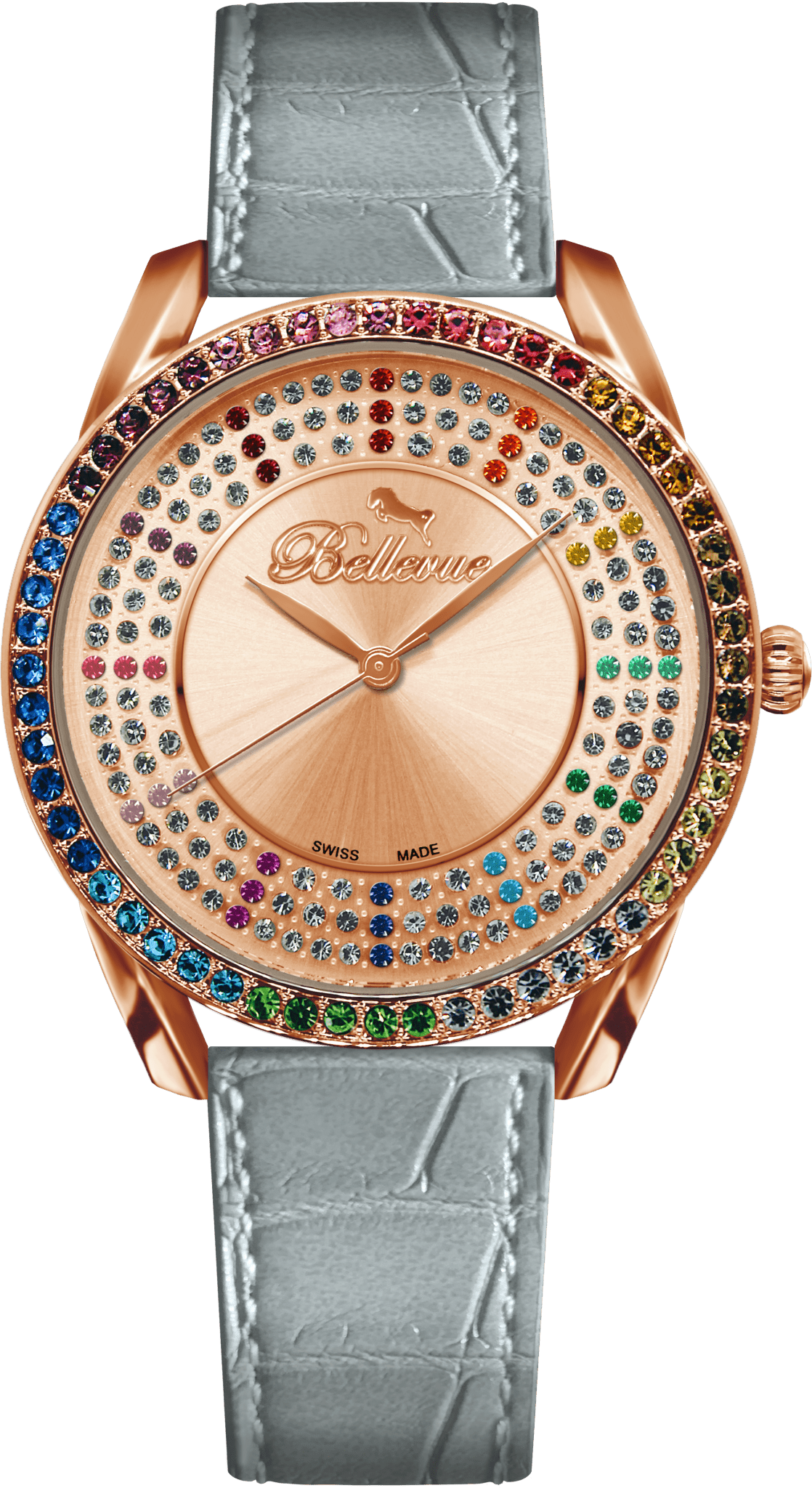 Bellevue Swiss Made Women’s Rose Gold Watch 38mm – Rainbow Crystal Bezel | Ronda Quartz - NAFALUXE