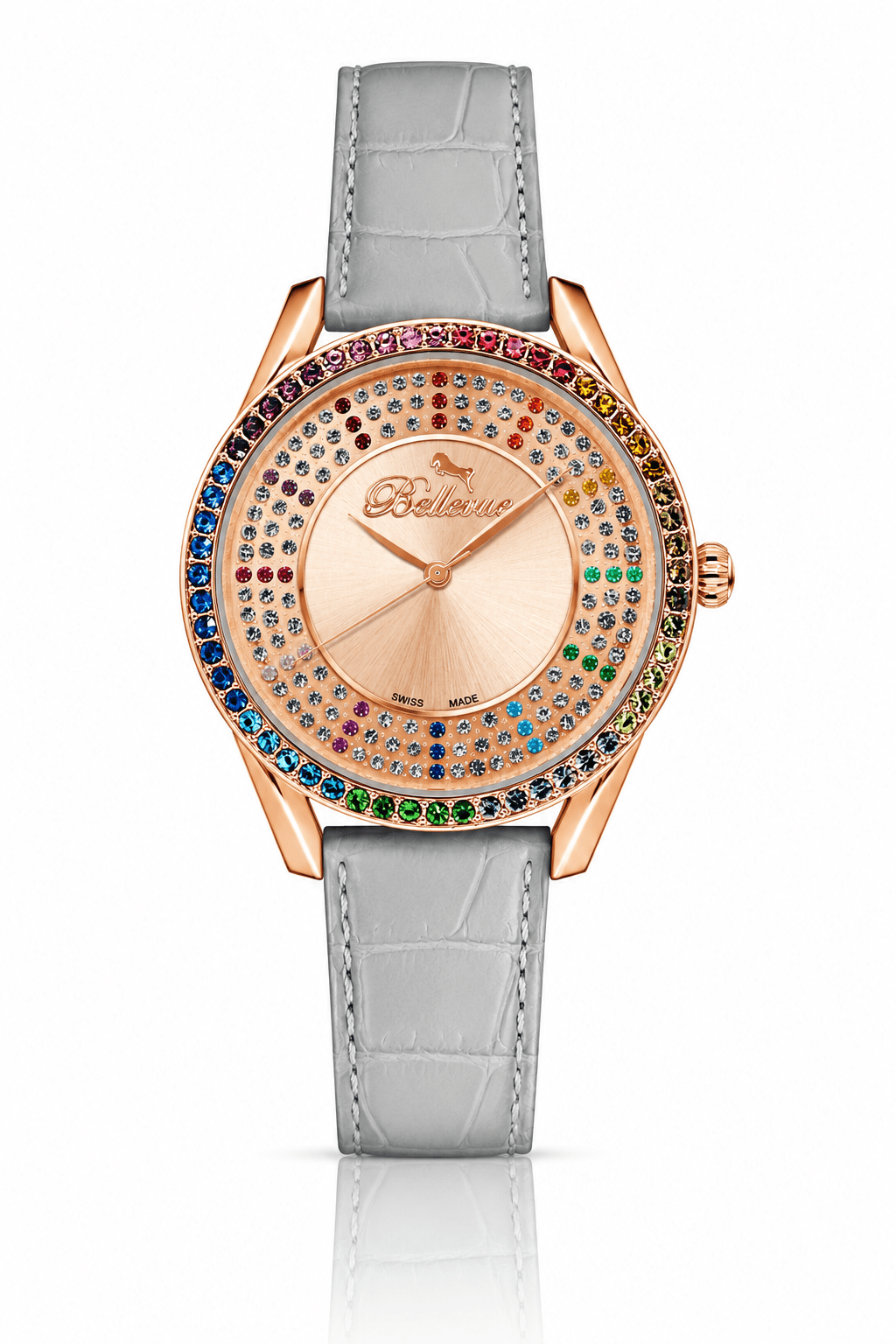 Bellevue Swiss Made Women’s Rose Gold Watch 38mm – Rainbow Crystal Bezel | Ronda Quartz - NAFALUXE
