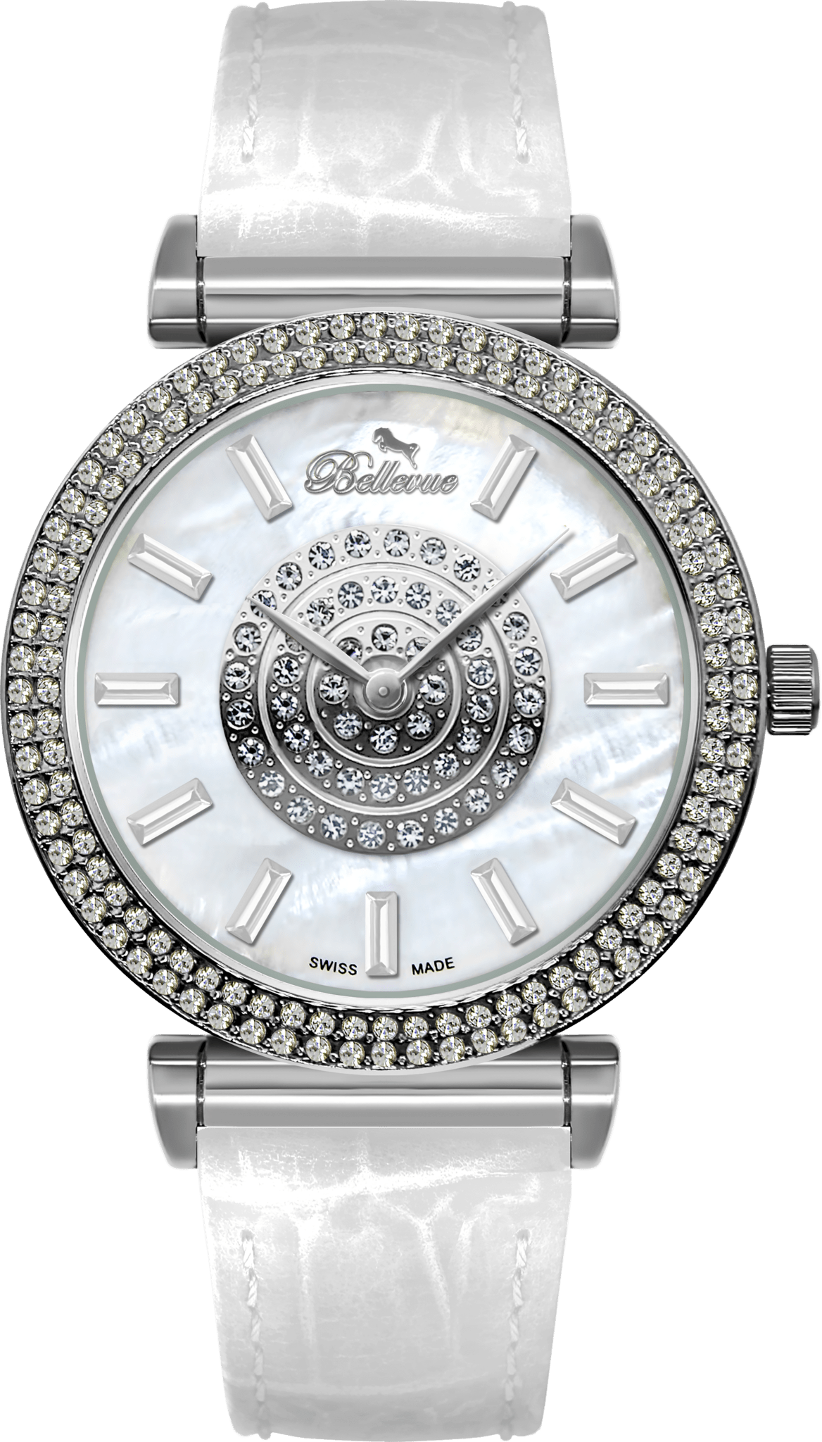 Bellevue Swiss Made Women’s Silver Crystal Watch 38mm – White Leather Strap | Ronda Quartz - NAFALUXE