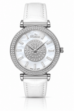Bellevue Swiss Made Women’s Silver Crystal Watch 38mm – White Leather Strap | Ronda Quartz - NAFALUXE