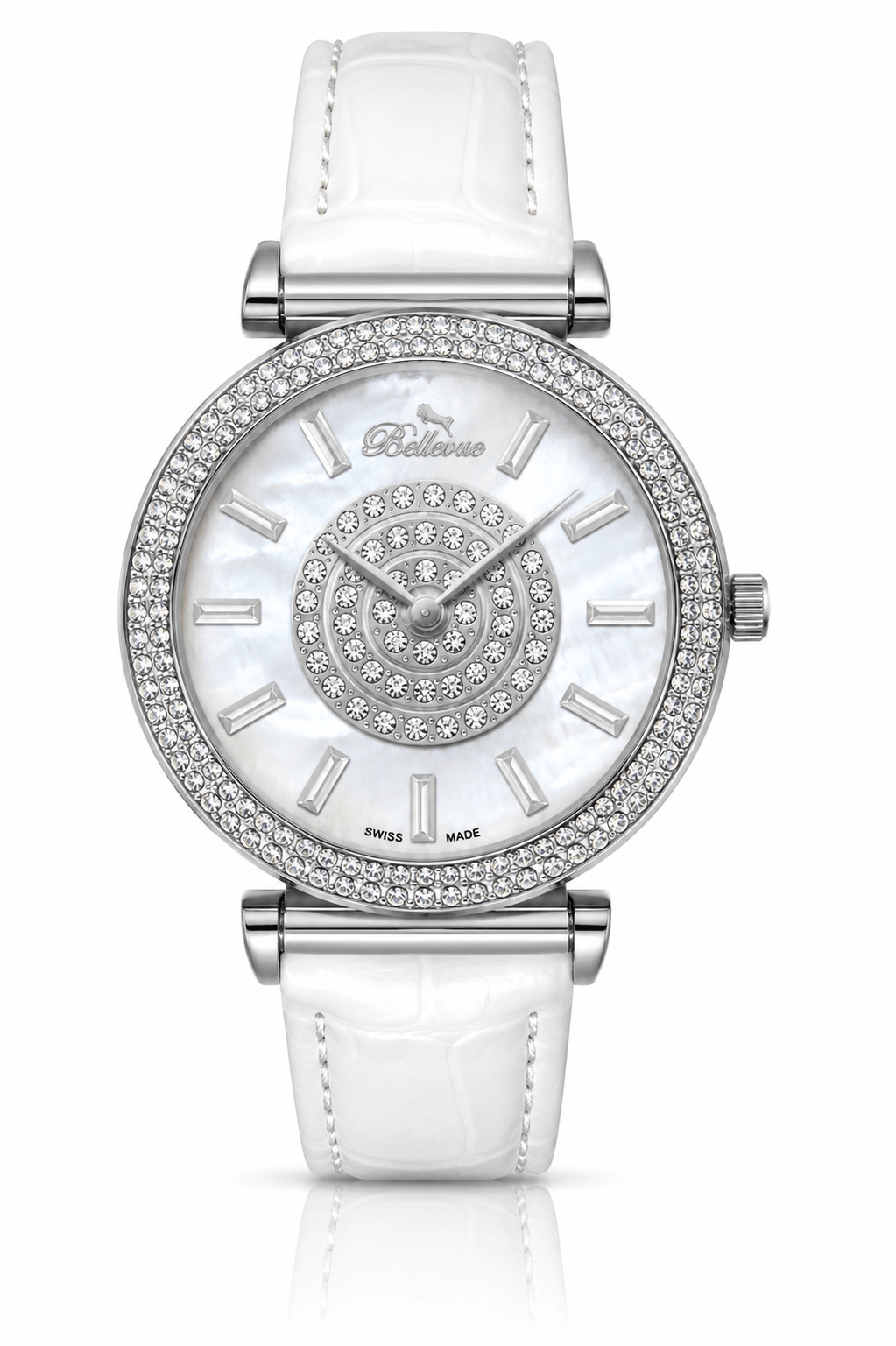 Bellevue Swiss Made Women’s Silver Crystal Watch 38mm – White Leather Strap | Ronda Quartz - NAFALUXE