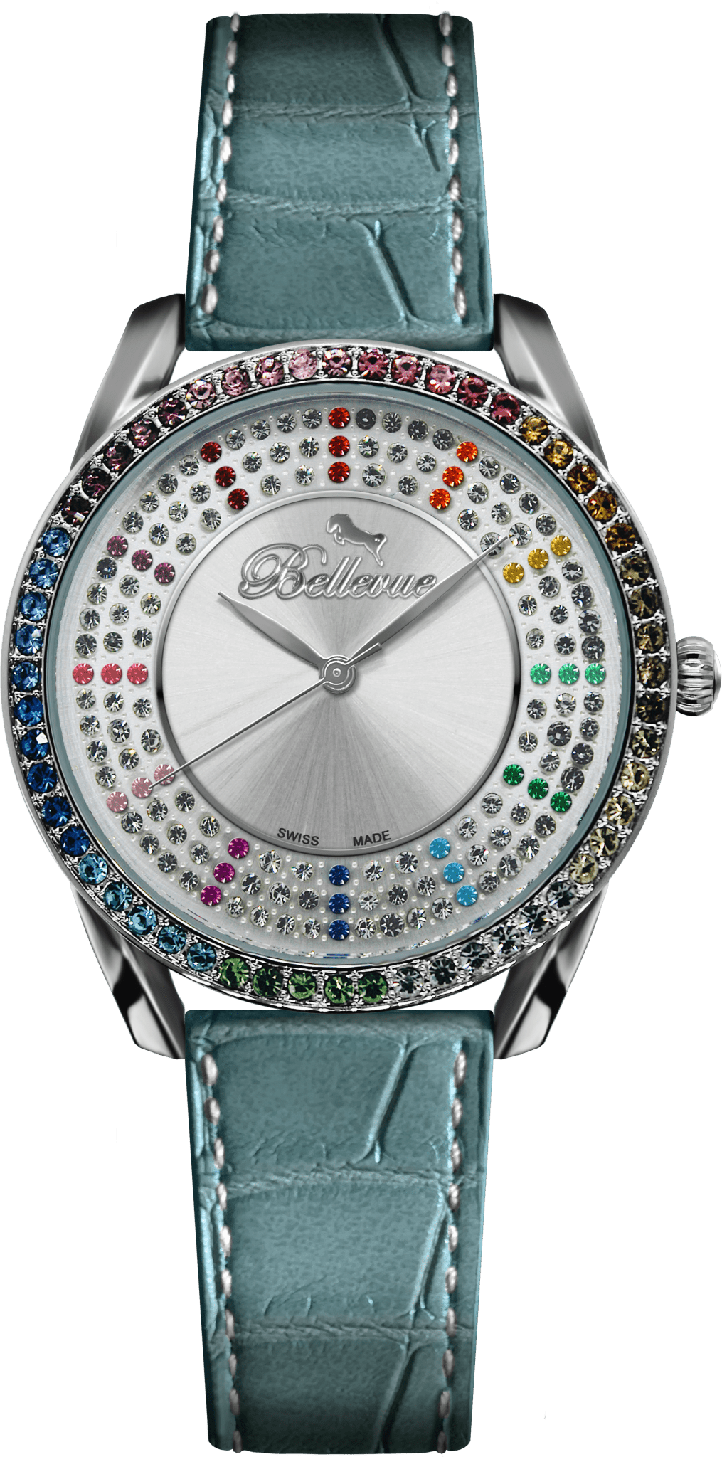 Bellevue Swiss Made Women’s Silver Watch 38mm – Multicolor Crystal Bezel | Ronda Quartz - NAFALUXE