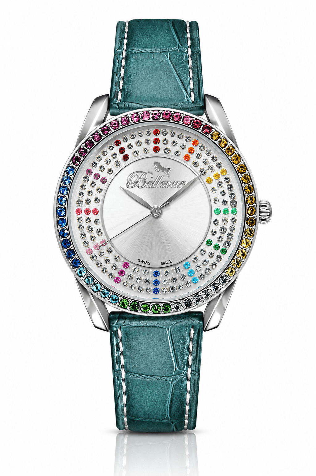 Bellevue Swiss Made Women’s Silver Watch 38mm – Multicolor Crystal Bezel | Ronda Quartz - NAFALUXE