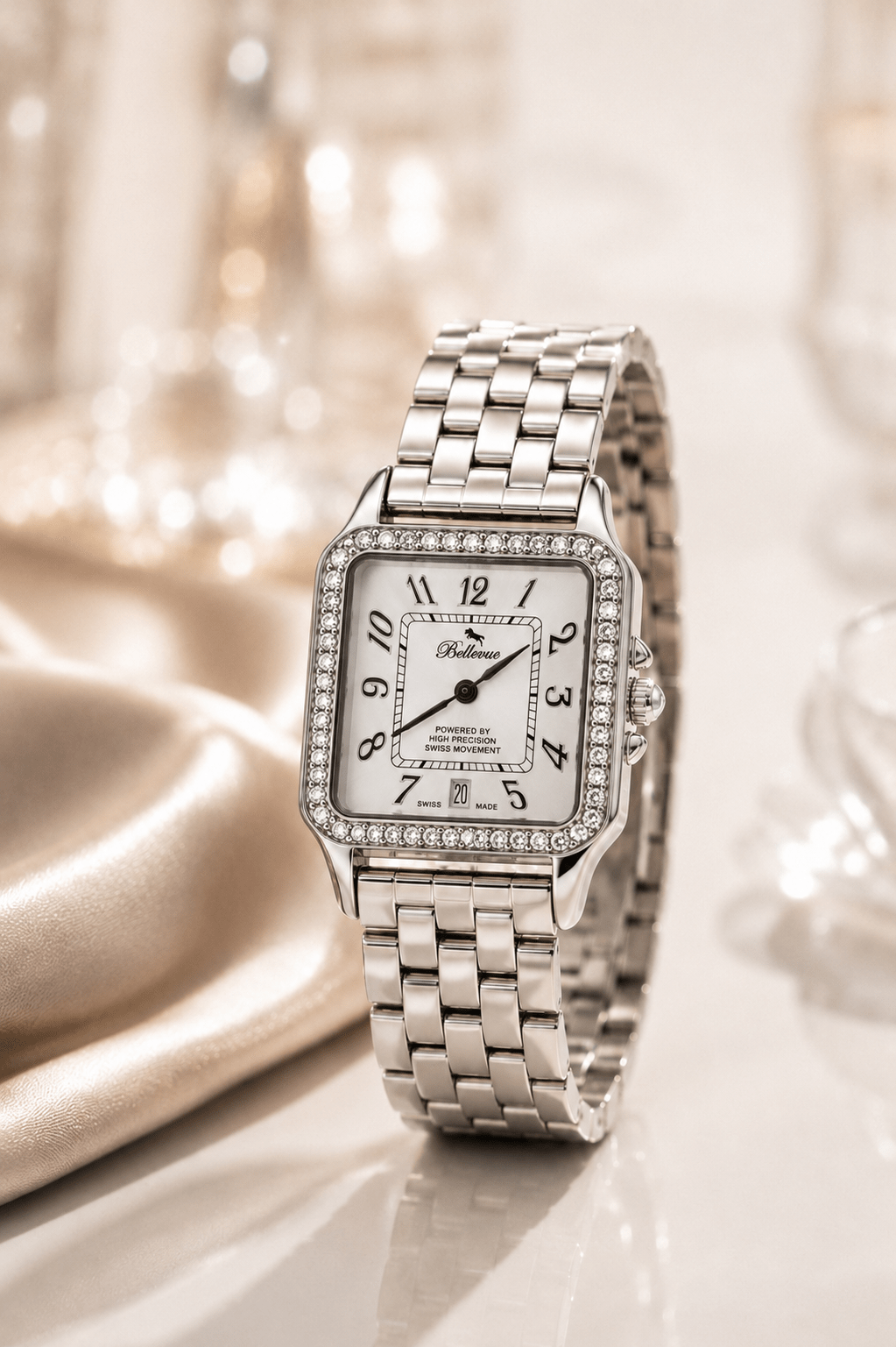 Bellevue Swiss Made Women’s Square Crystal Watch 29x29mm – Silver Tone | Ronda Quartz - NAFALUXE