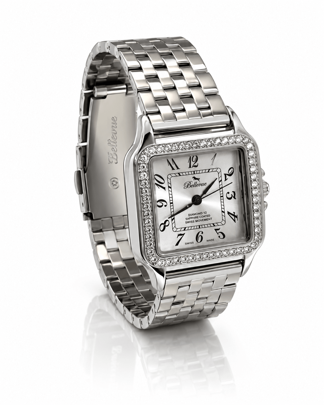 Bellevue Swiss Made Women’s Square Crystal Watch 29x29mm – Silver Tone | Ronda Quartz - NAFALUXE