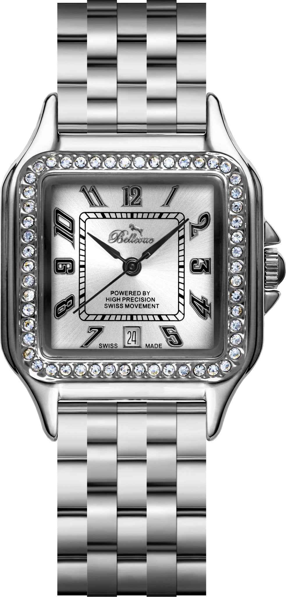 Bellevue Swiss Made Women’s Square Crystal Watch 29x29mm – Silver Tone | Ronda Quartz - NAFALUXE