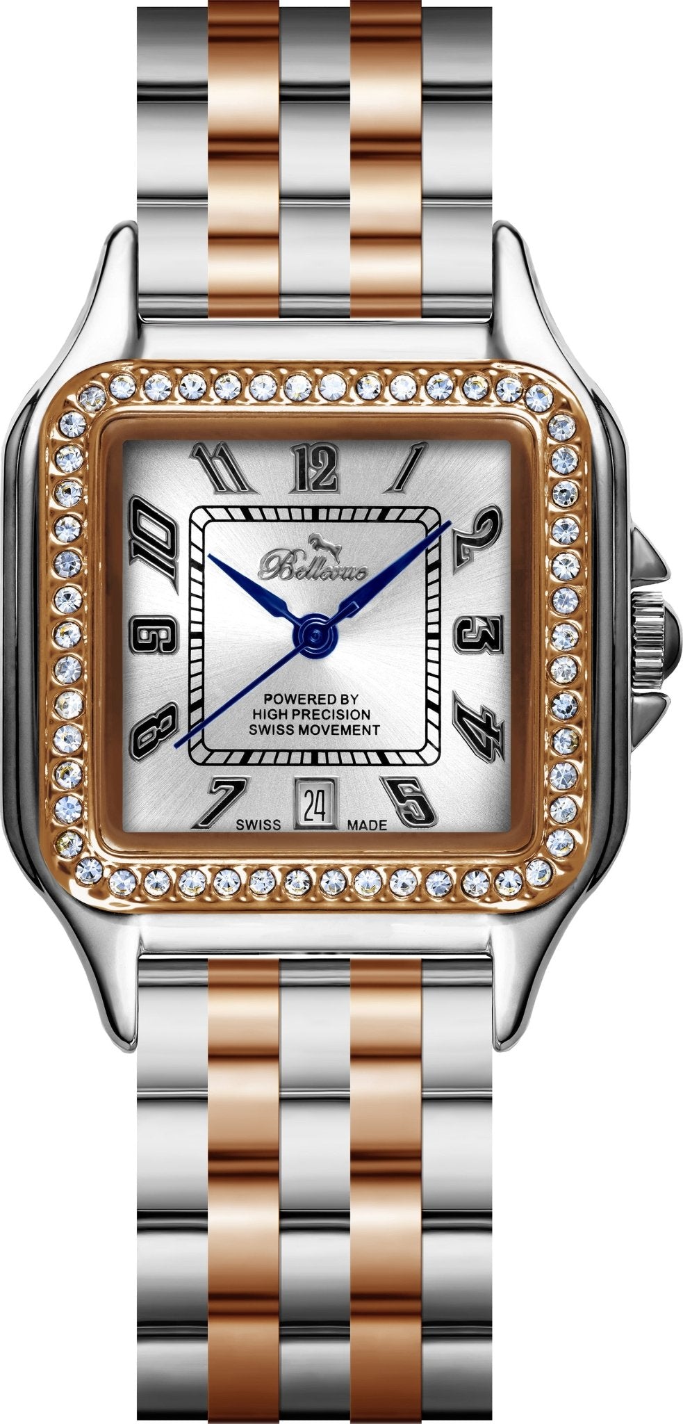 Bellevue Swiss Made Women’s Square Crystal Watch 29x29mm – Two-Tone Silver & Rose Gold | Ronda Quartz - NAFALUXE