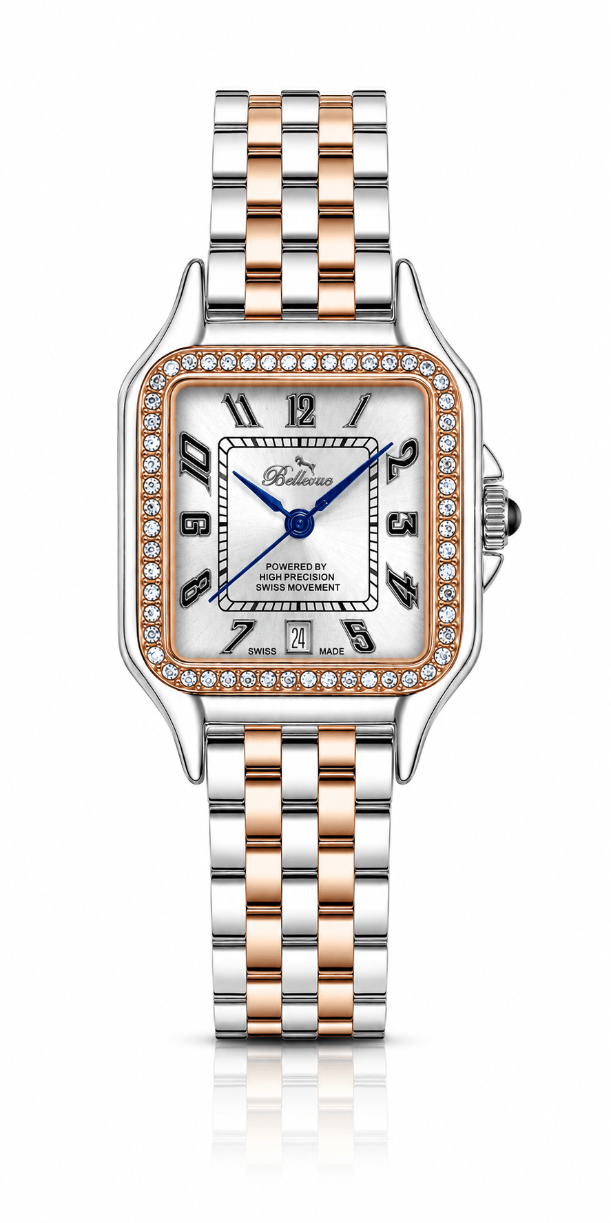 Bellevue Swiss Made Women’s Square Crystal Watch 29x29mm – Two-Tone Silver & Rose Gold | Ronda Quartz - NAFALUXE