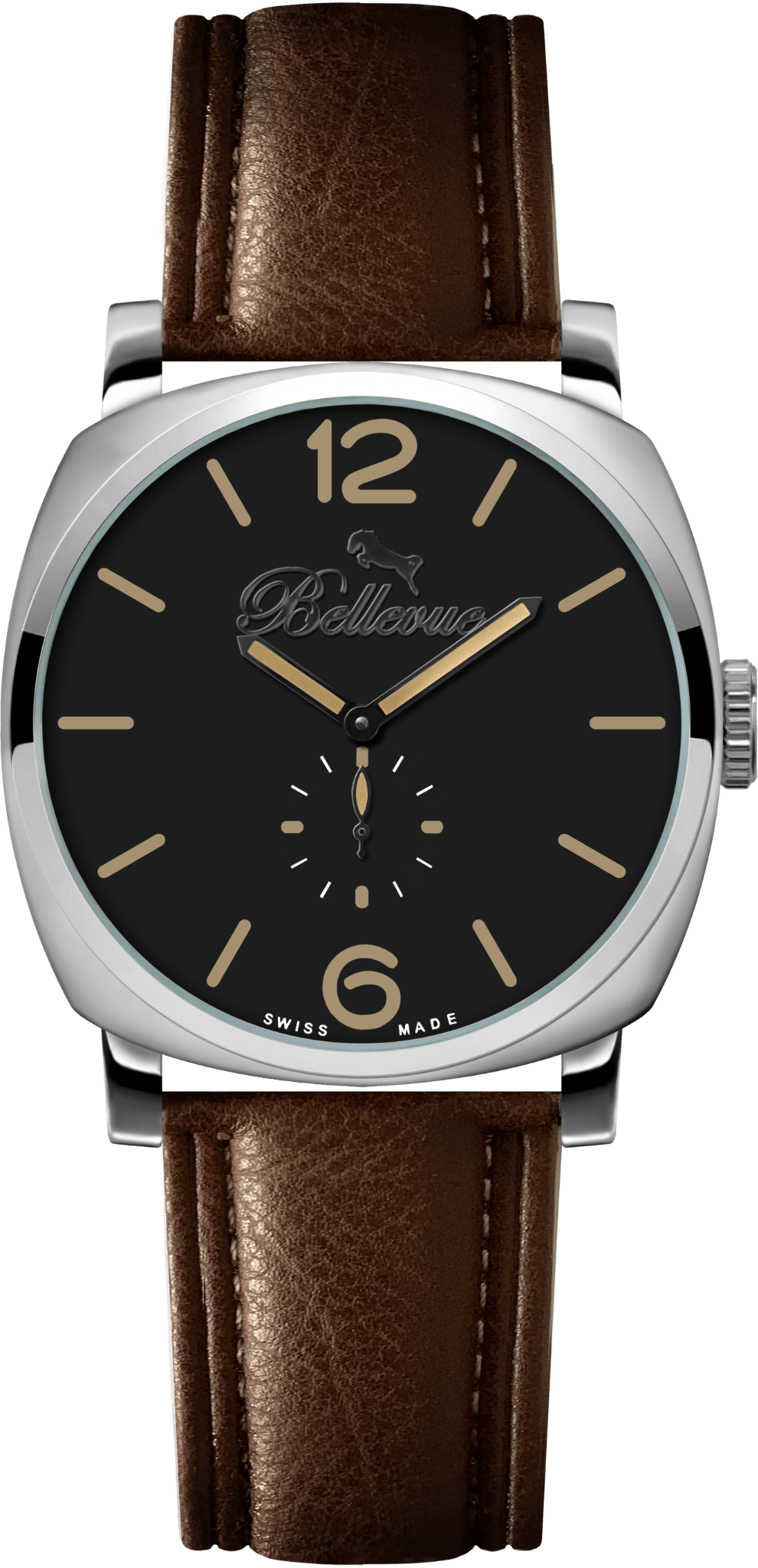 Bellevue Swiss Quartz Watch 44mm – Black Dial with Brown PU Leather Strap - NAFALUXE