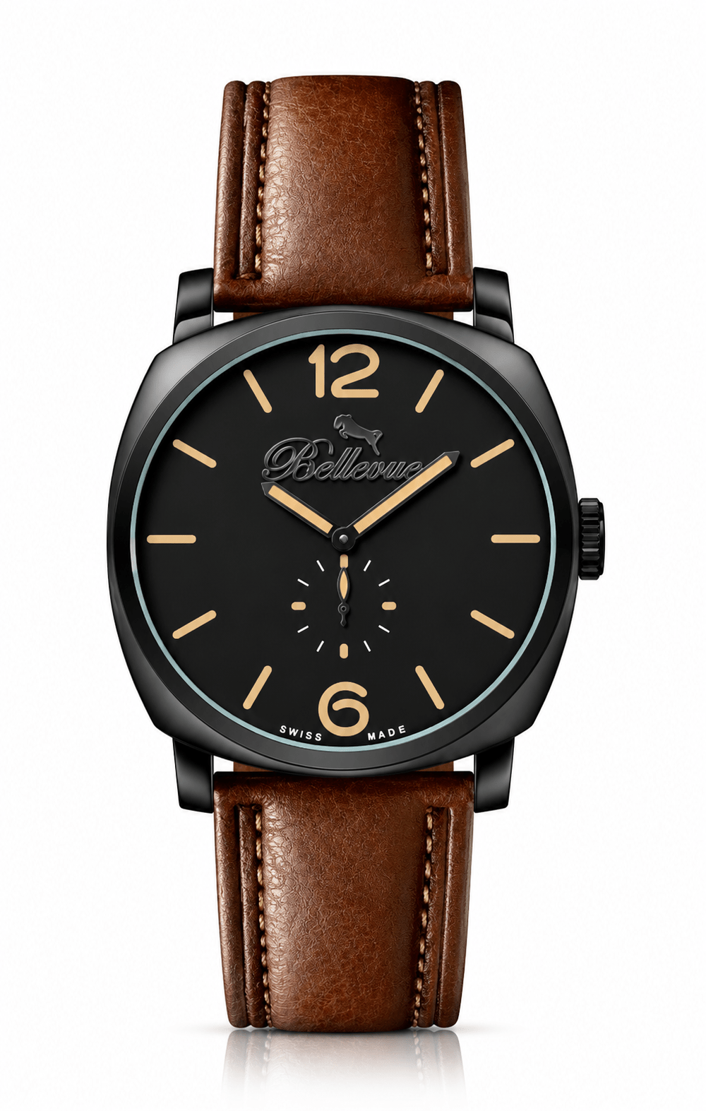 Bellevue Swiss Quartz Watch 44mm – Black Dial with PU Leather Strap - NAFALUXE