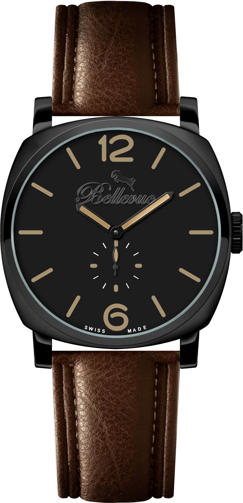 Bellevue Swiss Quartz Watch 44mm – Black Dial with PU Leather Strap - NAFALUXE
