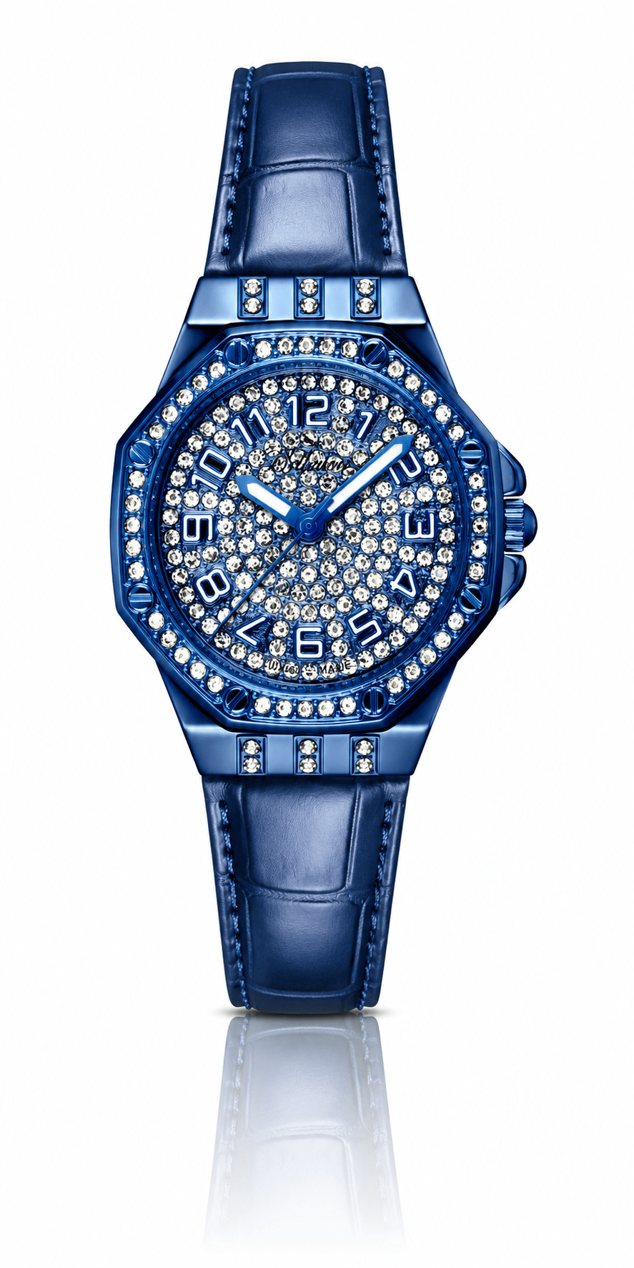 Bellevue Women’s Blue Crystal Watch – Blue Leather Strap | Swiss Made | 35mm - NAFALUXE
