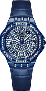 Bellevue Women’s Blue Crystal Watch – Blue Leather Strap | Swiss Made | 35mm - NAFALUXE