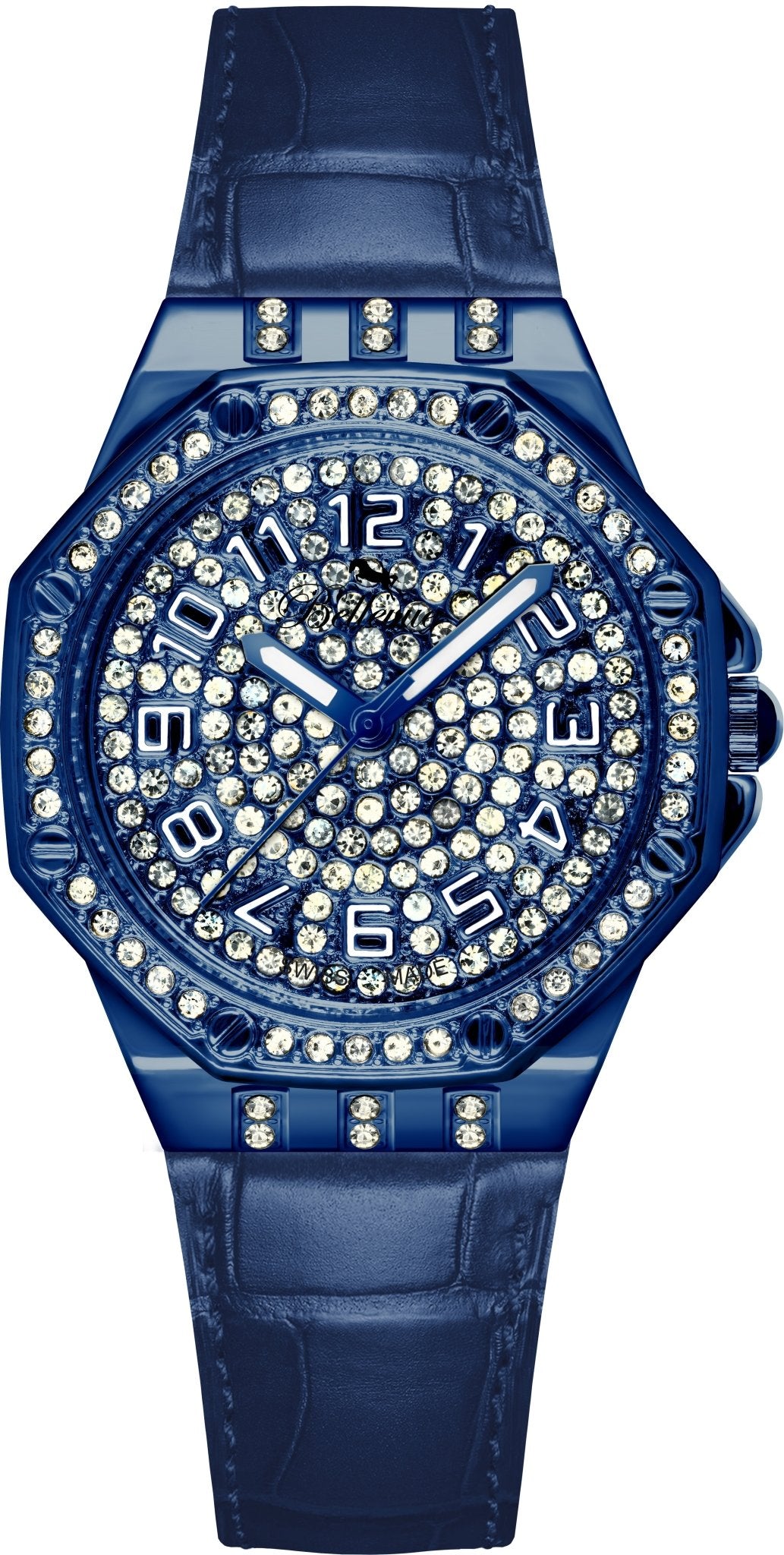 Bellevue Women’s Blue Crystal Watch – Blue Leather Strap | Swiss Made | 35mm - NAFALUXE