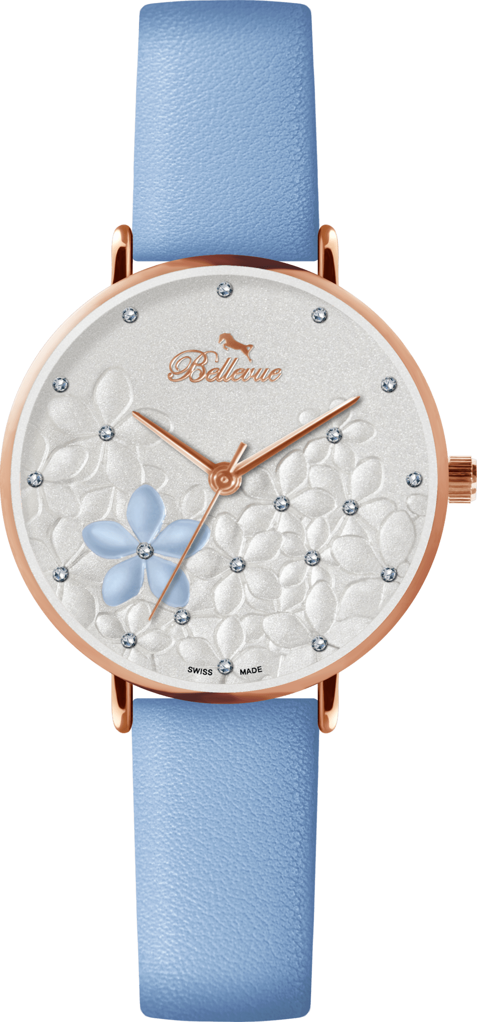 Bellevue Women’s Floral Swiss Quartz Watch – Rose Gold & Sky Blue | 36 mm - NAFALUXE