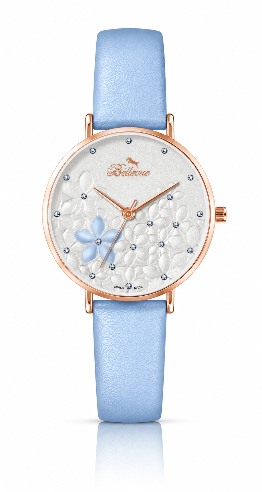 Bellevue Women’s Floral Swiss Quartz Watch – Rose Gold & Sky Blue | 36 mm - NAFALUXE