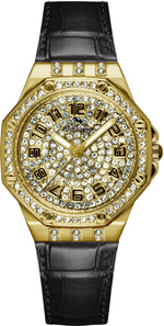 Bellevue Women’s Gold Crystal Watch – Black Leather Strap | Swiss Made | 35mm - NAFALUXE