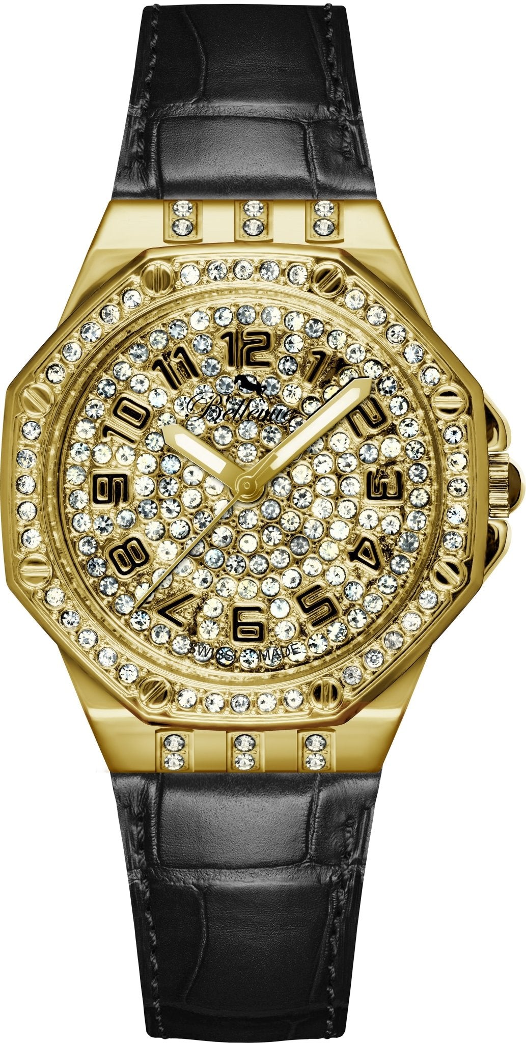 Bellevue Women’s Gold Crystal Watch – Black Leather Strap | Swiss Made | 35mm - NAFALUXE