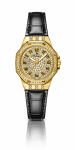Bellevue Women’s Gold Crystal Watch – Black Leather Strap | Swiss Made | 35mm - NAFALUXE