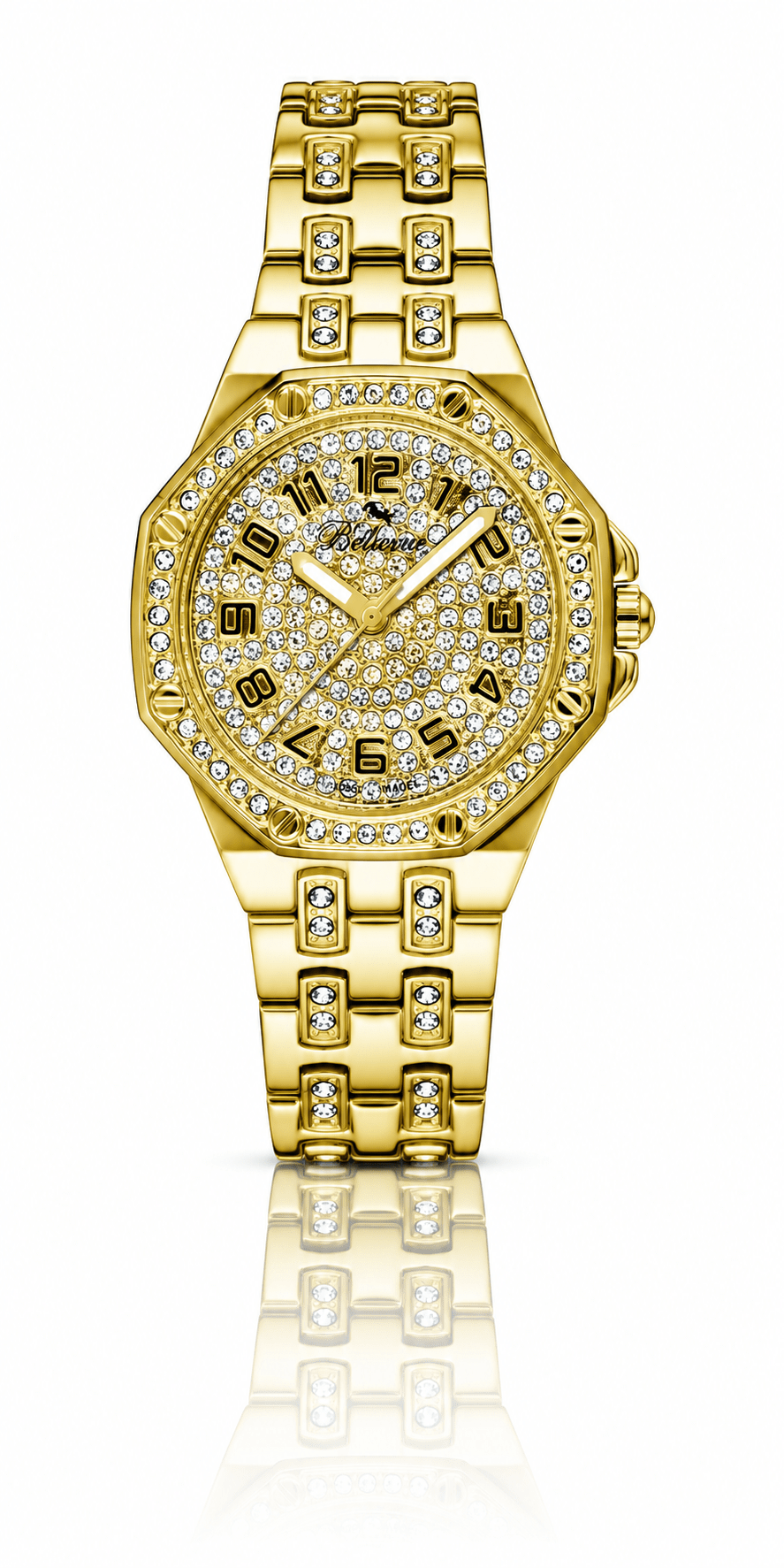 Bellevue Women’s Gold Crystal Watch – Stainless Steel Bracelet | Swiss Made | 35mm - NAFALUXE