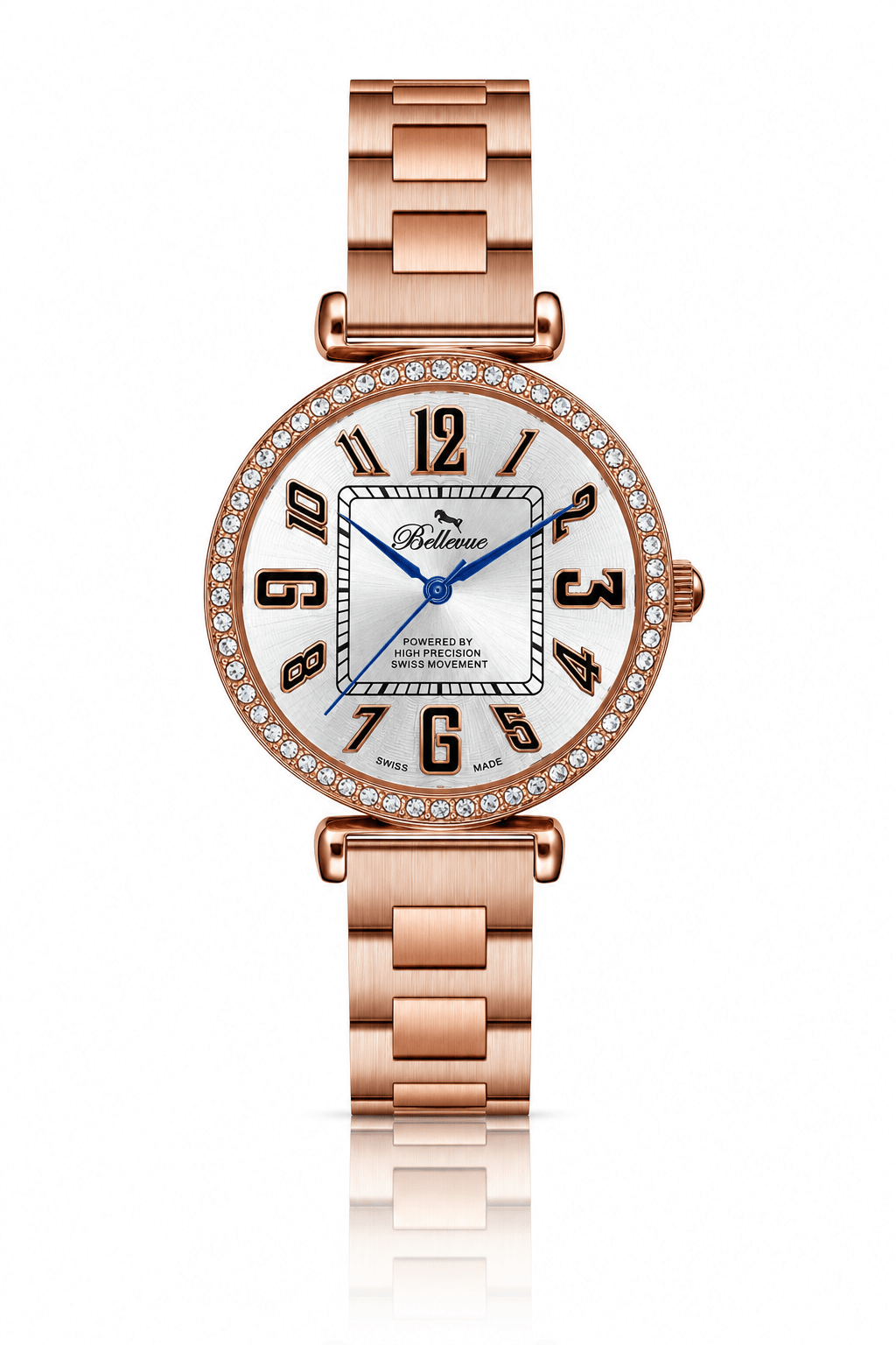 Bellevue Women’s Rose Gold Crystal Watch 35mm – Ronda Quartz | Stainless Steel Bracelet - NAFALUXE