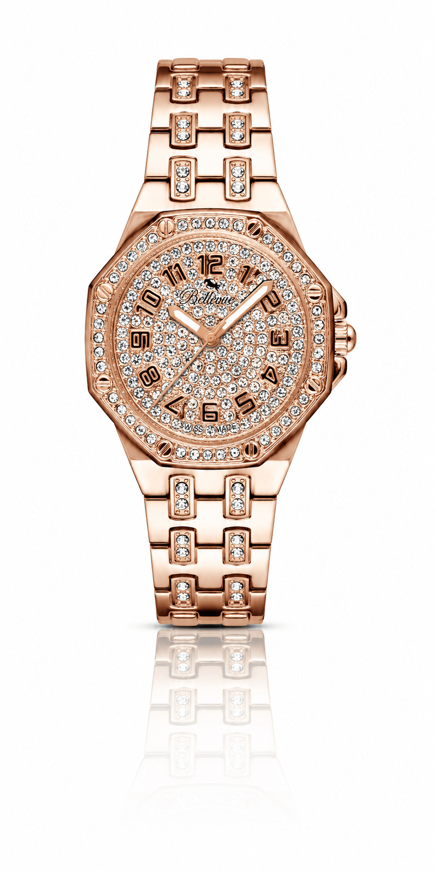 Bellevue Women’s Rose Gold Crystal Watch – Stainless Steel Bracelet | Swiss Made | 35mm - NAFALUXE
