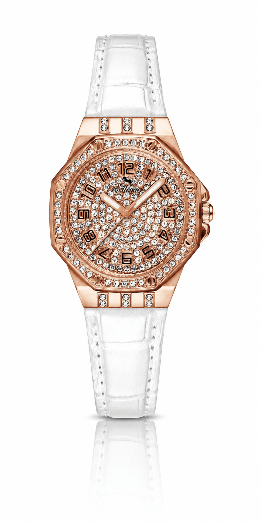 Bellevue Women’s Rose Gold Crystal Watch – White Leather Strap | Swiss Made | 35mm - NAFALUXE