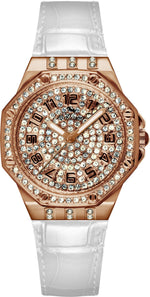 Bellevue Women’s Rose Gold Crystal Watch – White Leather Strap | Swiss Made | 35mm - NAFALUXE