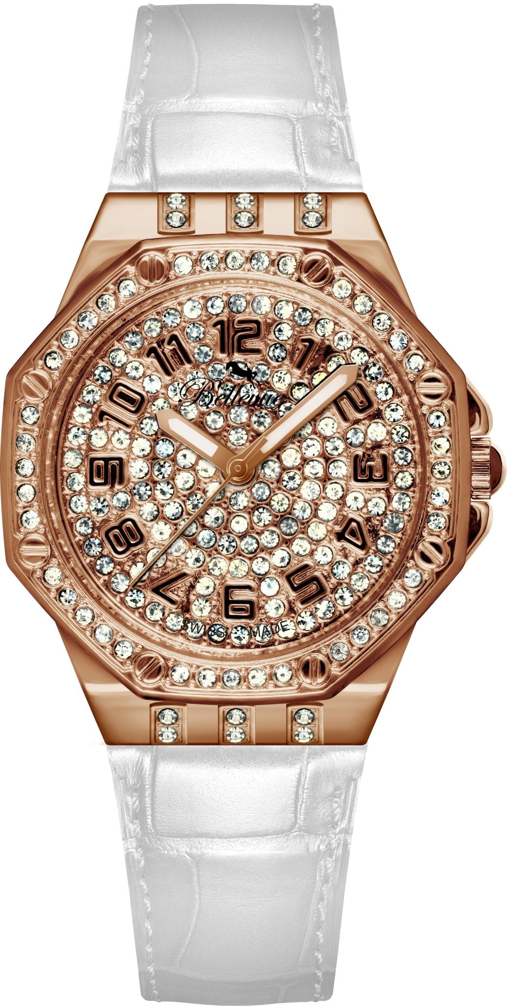 Bellevue Women’s Rose Gold Crystal Watch – White Leather Strap | Swiss Made | 35mm - NAFALUXE