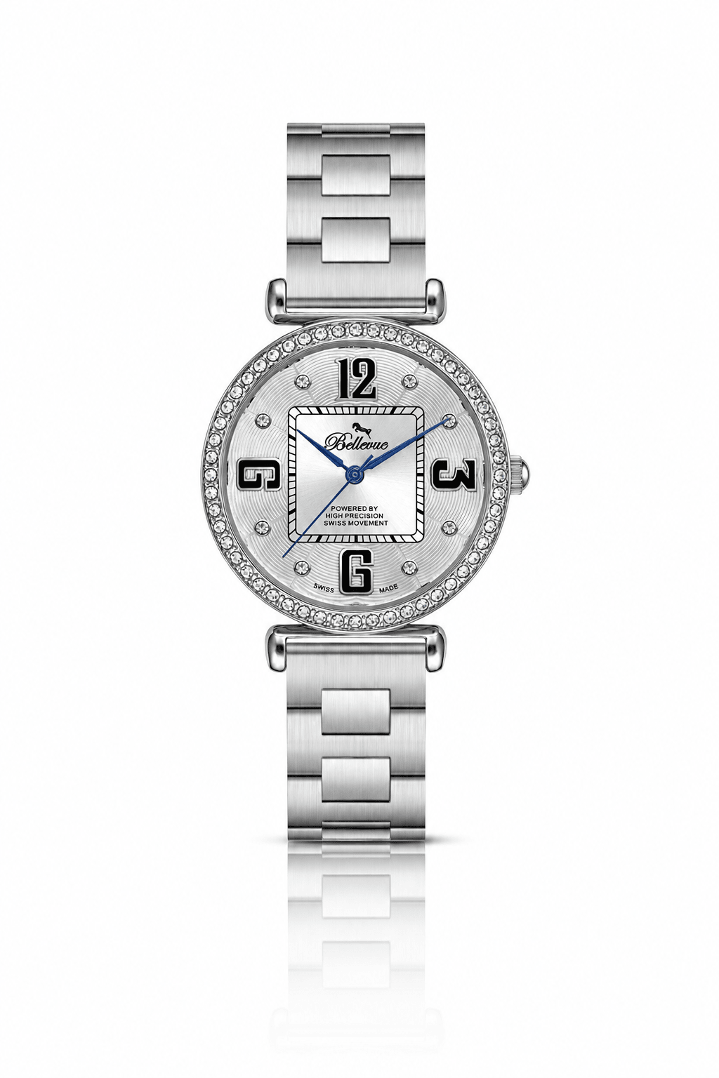 Bellevue Women’s Silver Crystal Watch 35mm – Ronda Quartz | Stainless Steel Bracelet - NAFALUXE