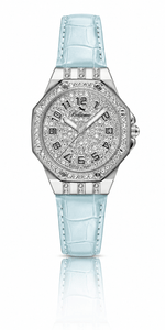 Bellevue Women’s Silver Crystal Watch – Ice Blue Leather Strap | Swiss Made | 35mm - NAFALUXE