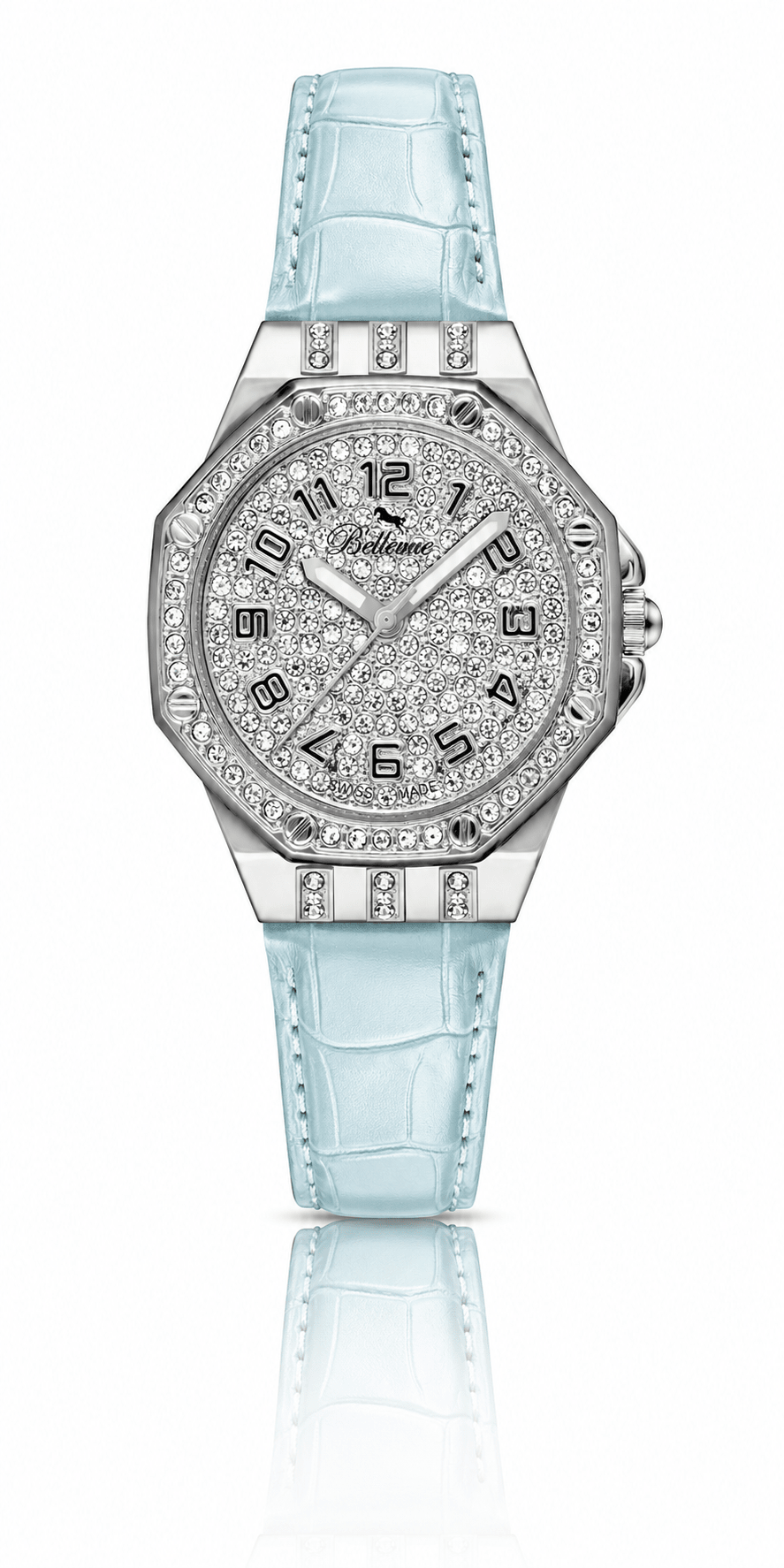 Bellevue Women’s Silver Crystal Watch – Ice Blue Leather Strap | Swiss Made | 35mm - NAFALUXE