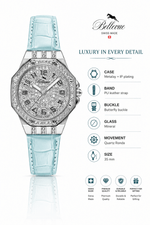 Bellevue Women’s Silver Crystal Watch – Ice Blue Leather Strap | Swiss Made | 35mm - NAFALUXE