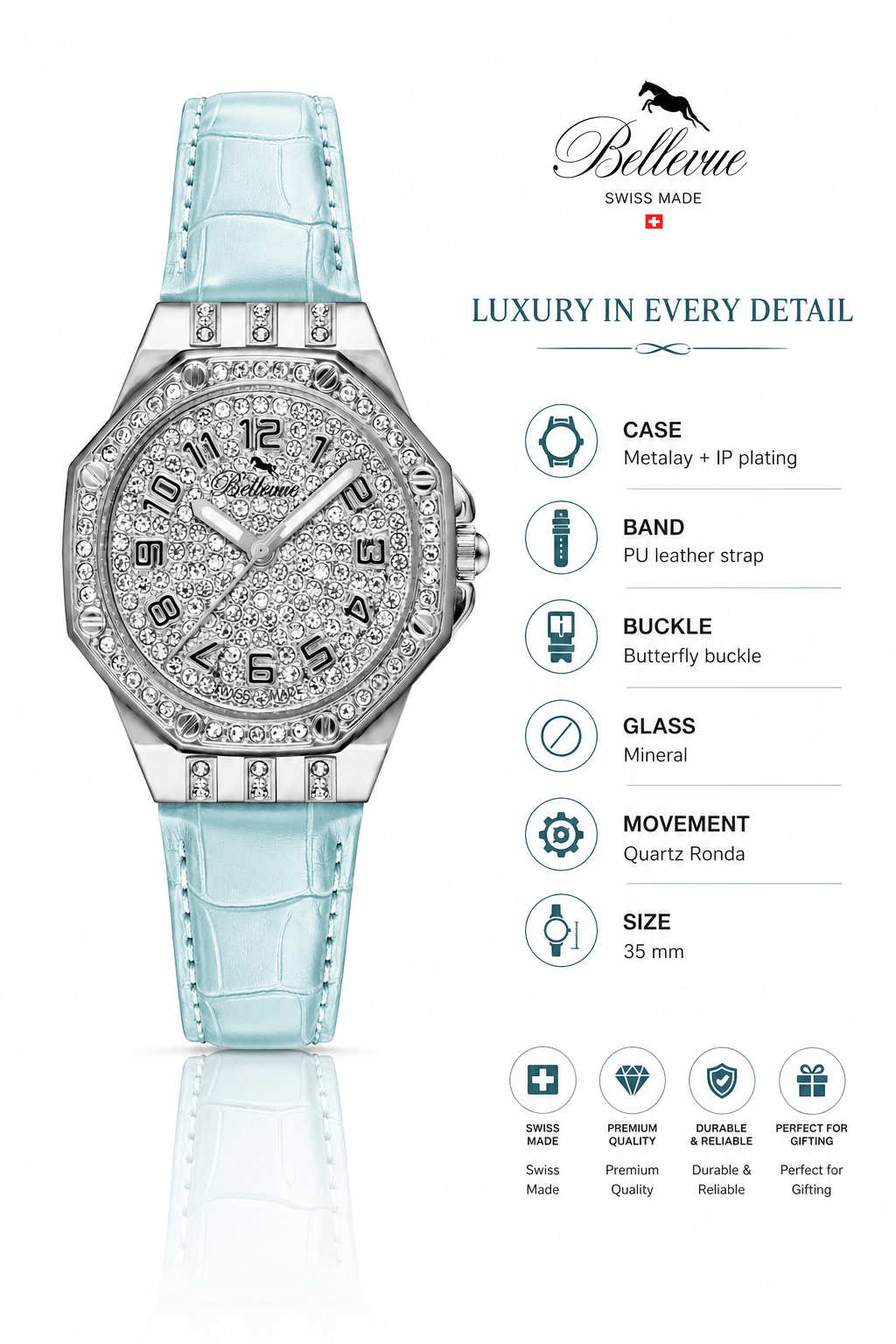 Bellevue Women’s Silver Crystal Watch – Ice Blue Leather Strap | Swiss Made | 35mm - NAFALUXE