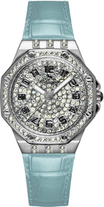 Bellevue Women’s Silver Crystal Watch – Ice Blue Leather Strap | Swiss Made | 35mm - NAFALUXE