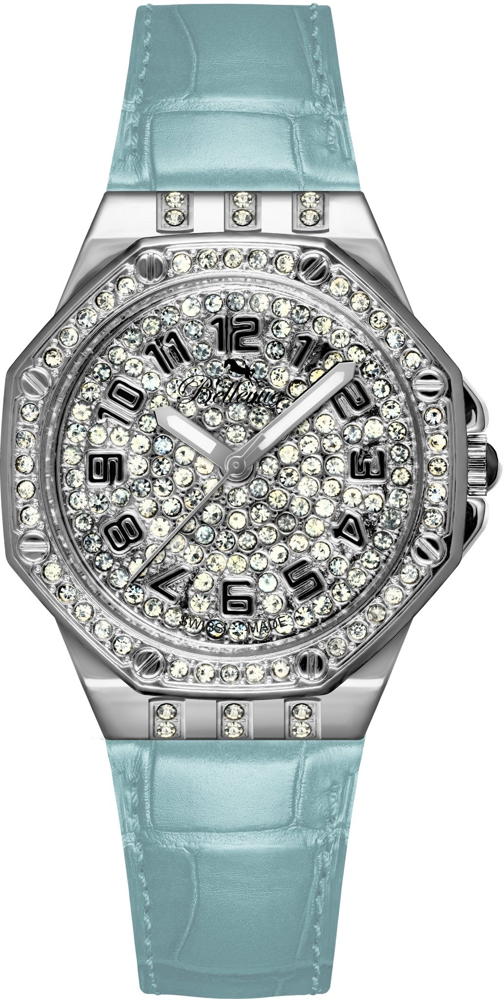 Bellevue Women’s Silver Crystal Watch – Ice Blue Leather Strap | Swiss Made | 35mm - NAFALUXE