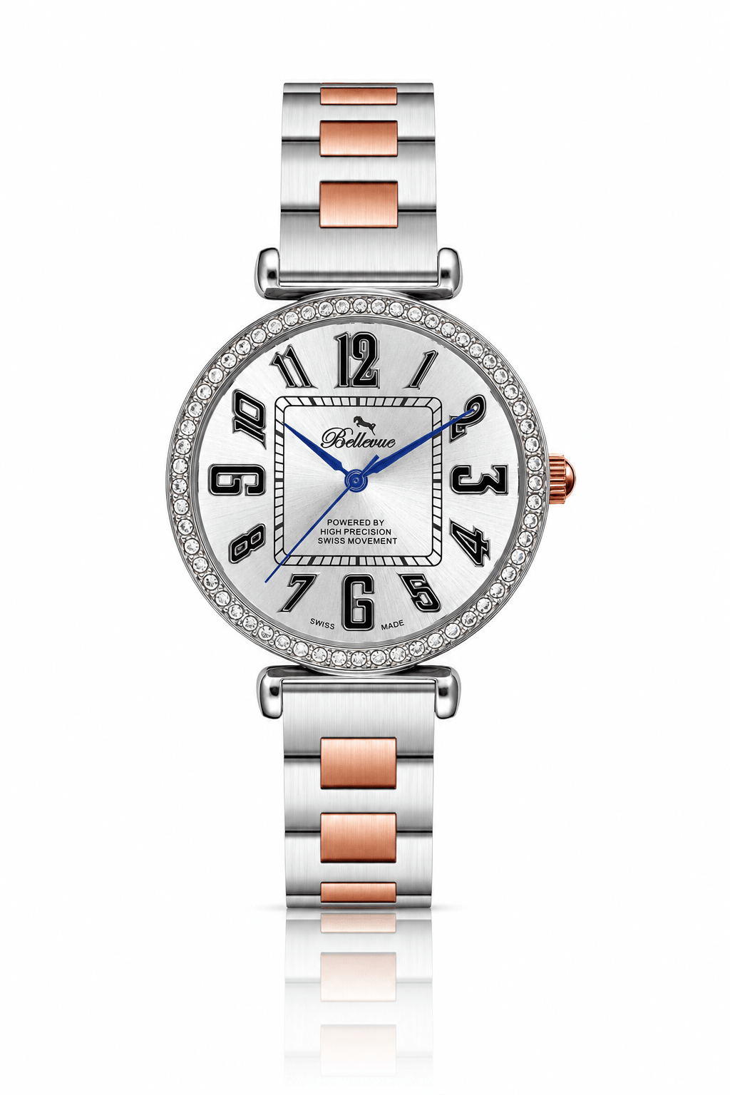 Bellevue Women’s Silver & Rose Gold Crystal Watch 35mm – Ronda Quartz | Stainless Steel Bracelet - NAFALUXE