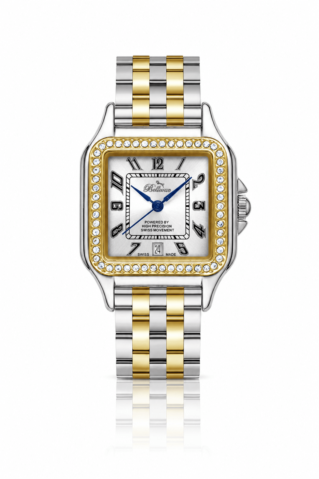 Bellevue Women’s Two-Tone Crystal Watch 29x29mm – Ronda Quartz with Date - NAFALUXE