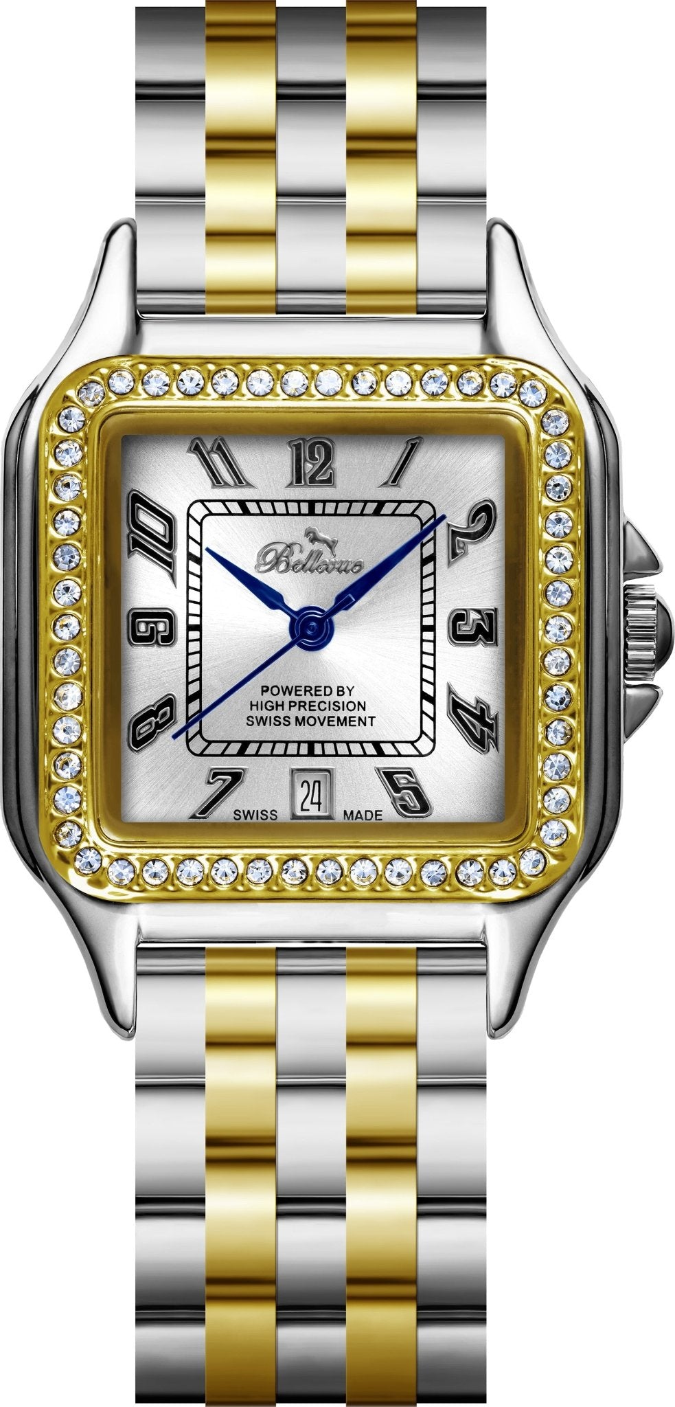 Bellevue Women’s Two-Tone Crystal Watch 29x29mm – Ronda Quartz with Date - NAFALUXE