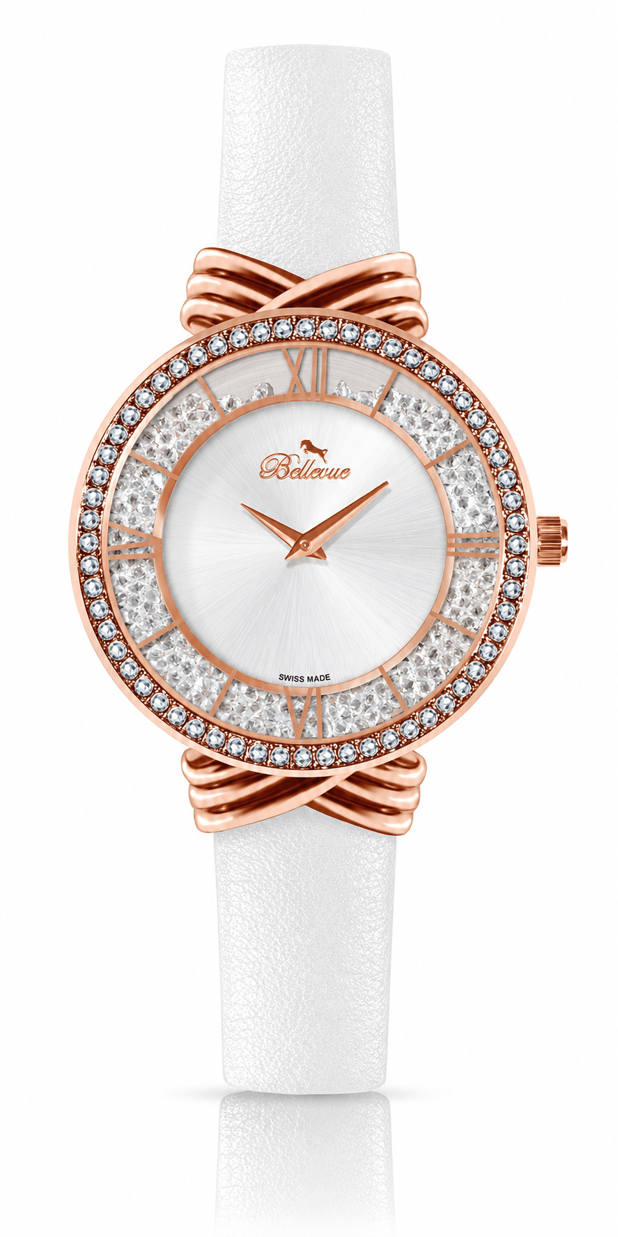 Bellevue Women’s White Crystal Watch – Rose Gold | Swiss Made | 36mm - NAFALUXE