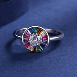 Blossom Radiance – Sterling Silver Rainbow Gemstone Ring with Round Brilliant Center - NAFALUXE