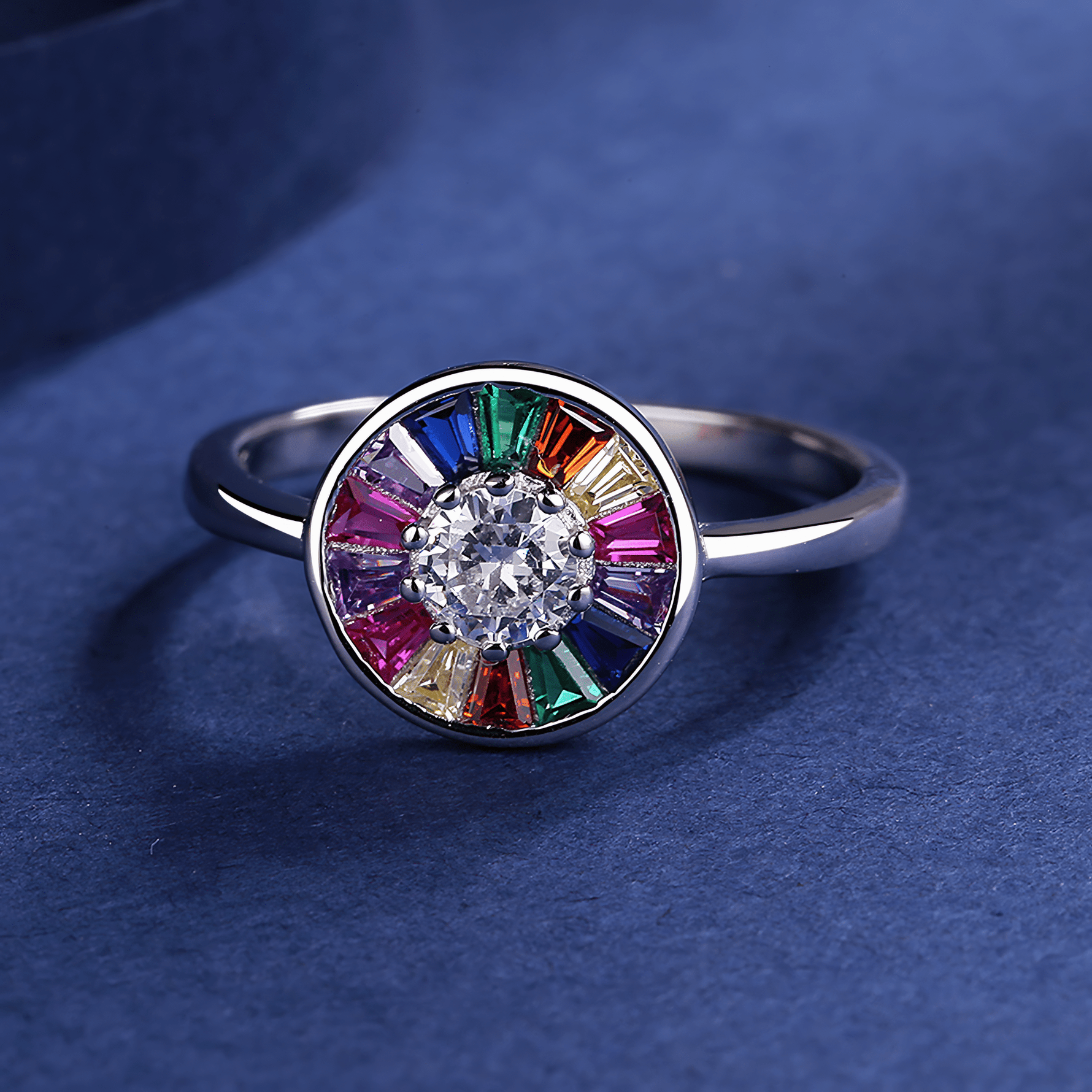 Blossom Radiance – Sterling Silver Rainbow Gemstone Ring with Round Brilliant Center - NAFALUXE