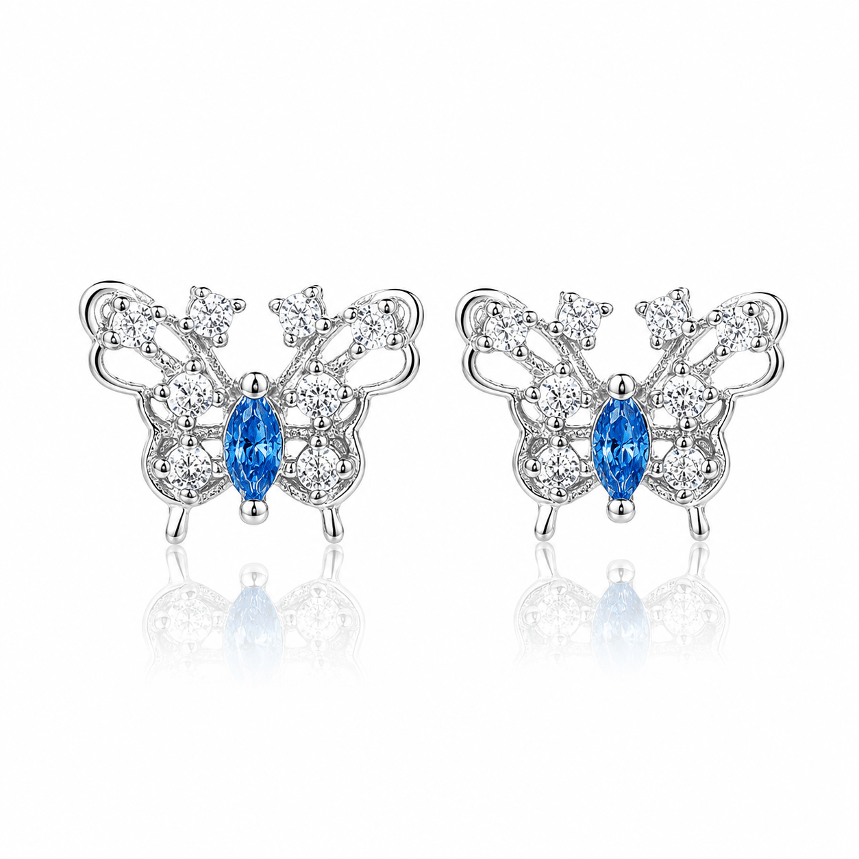 Blue Butterfly Stud Earrings – 925 Sterling Silver with Sparkling CZ Wing - NAFALUXE