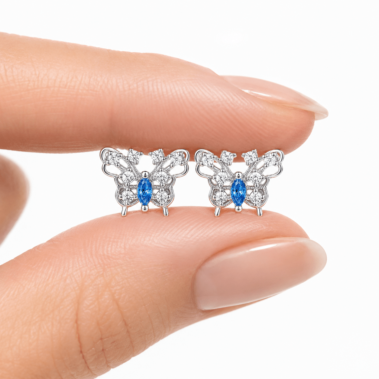 Blue Butterfly Stud Earrings – 925 Sterling Silver with Sparkling CZ Wing - NAFALUXE