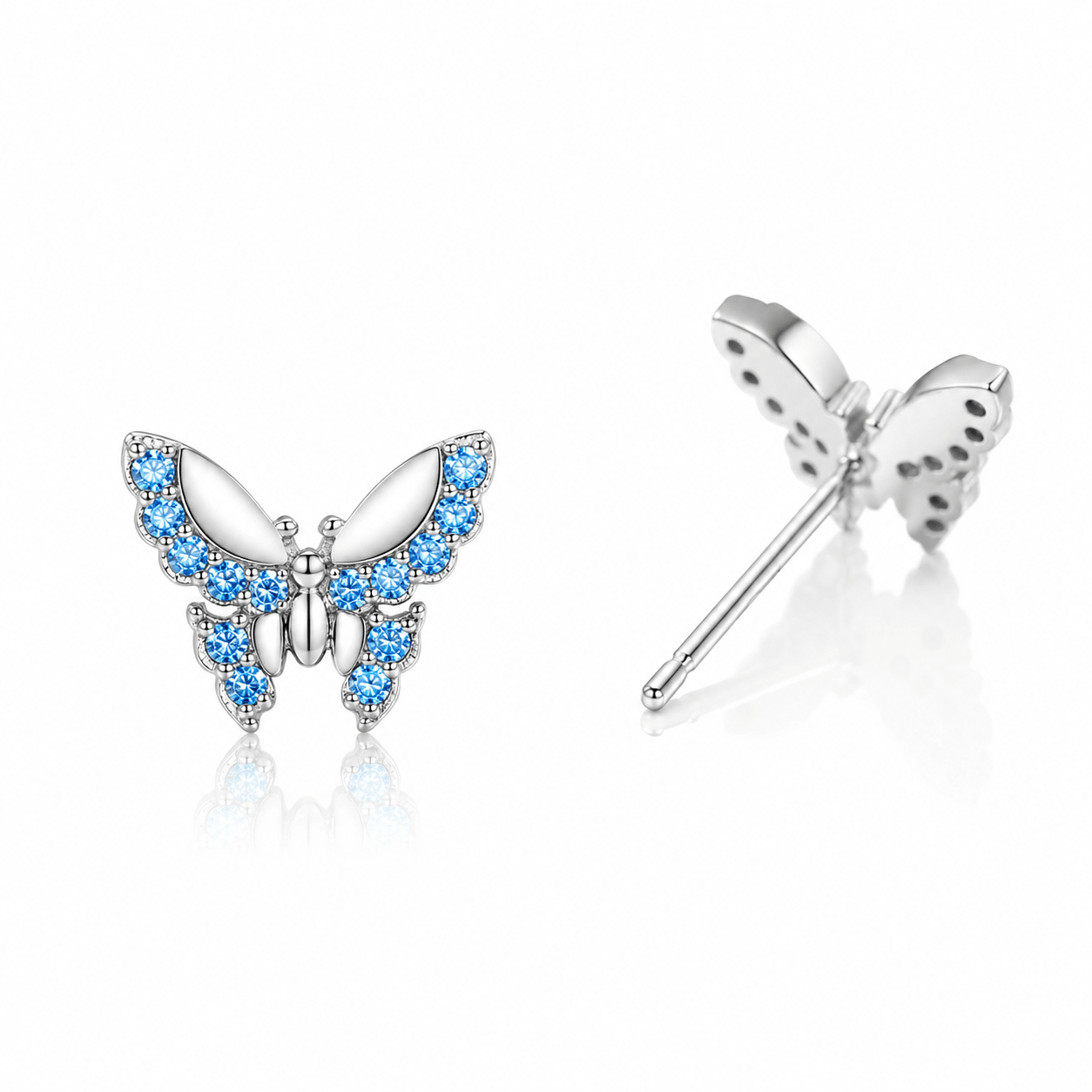 Blue Butterfly Stud Earrings 925 Sterling Silver with Sparkling Zirconia - NAFALUXE