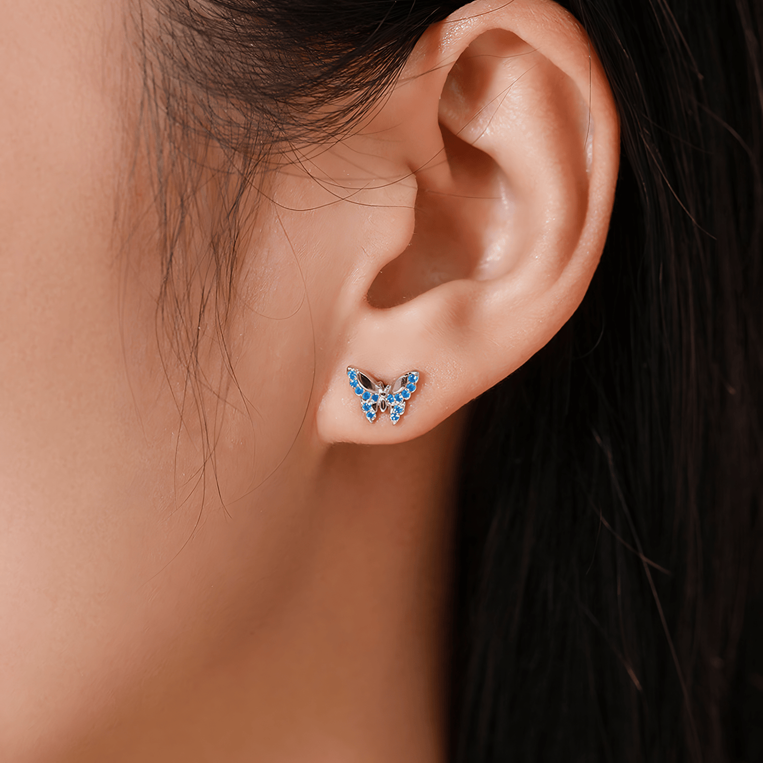 Blue Butterfly Stud Earrings 925 Sterling Silver with Sparkling Zirconia - NAFALUXE