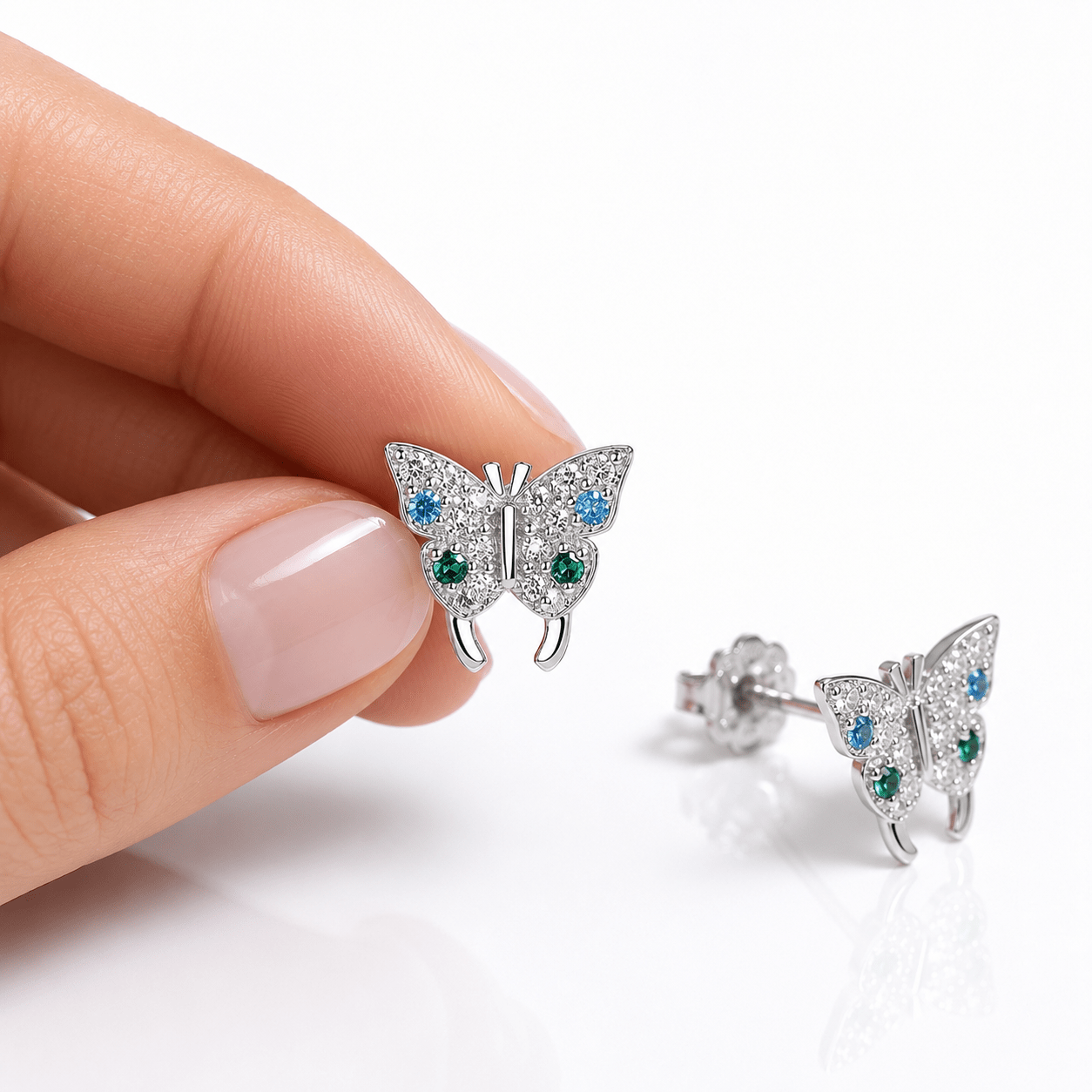 Blue & Green Butterfly Stud Earrings – 925 Sterling Silver with CZ Sparkle - NAFALUXE
