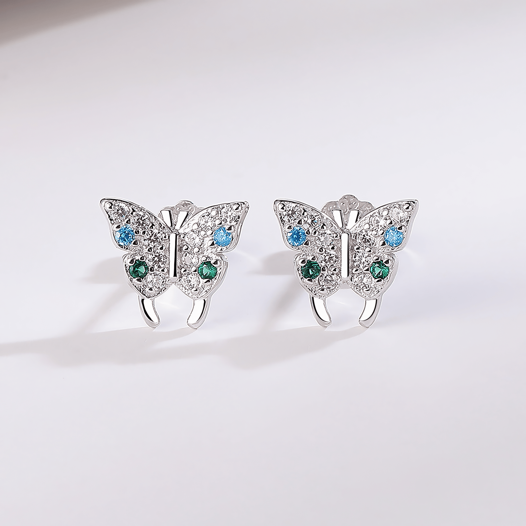 Blue & Green Butterfly Stud Earrings – 925 Sterling Silver with CZ Sparkle - NAFALUXE