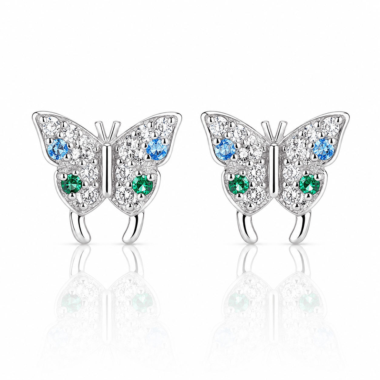 Blue & Green Butterfly Stud Earrings – 925 Sterling Silver with CZ Sparkle - NAFALUXE