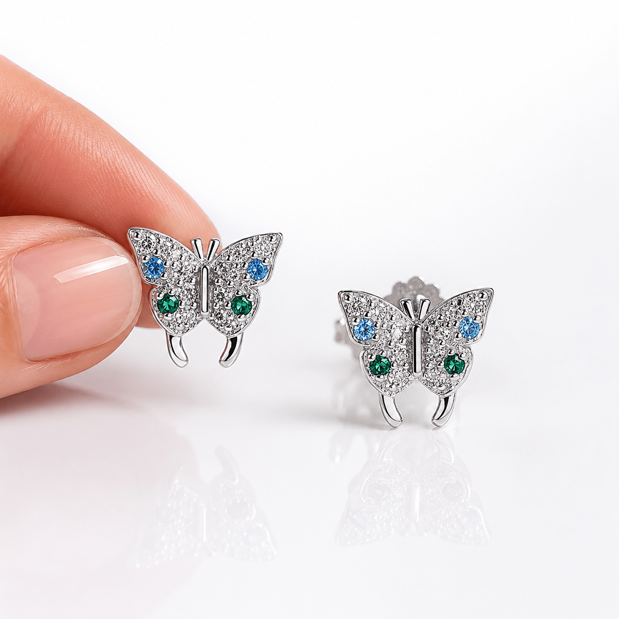 Blue & Green Butterfly Stud Earrings – 925 Sterling Silver with CZ Sparkle - NAFALUXE